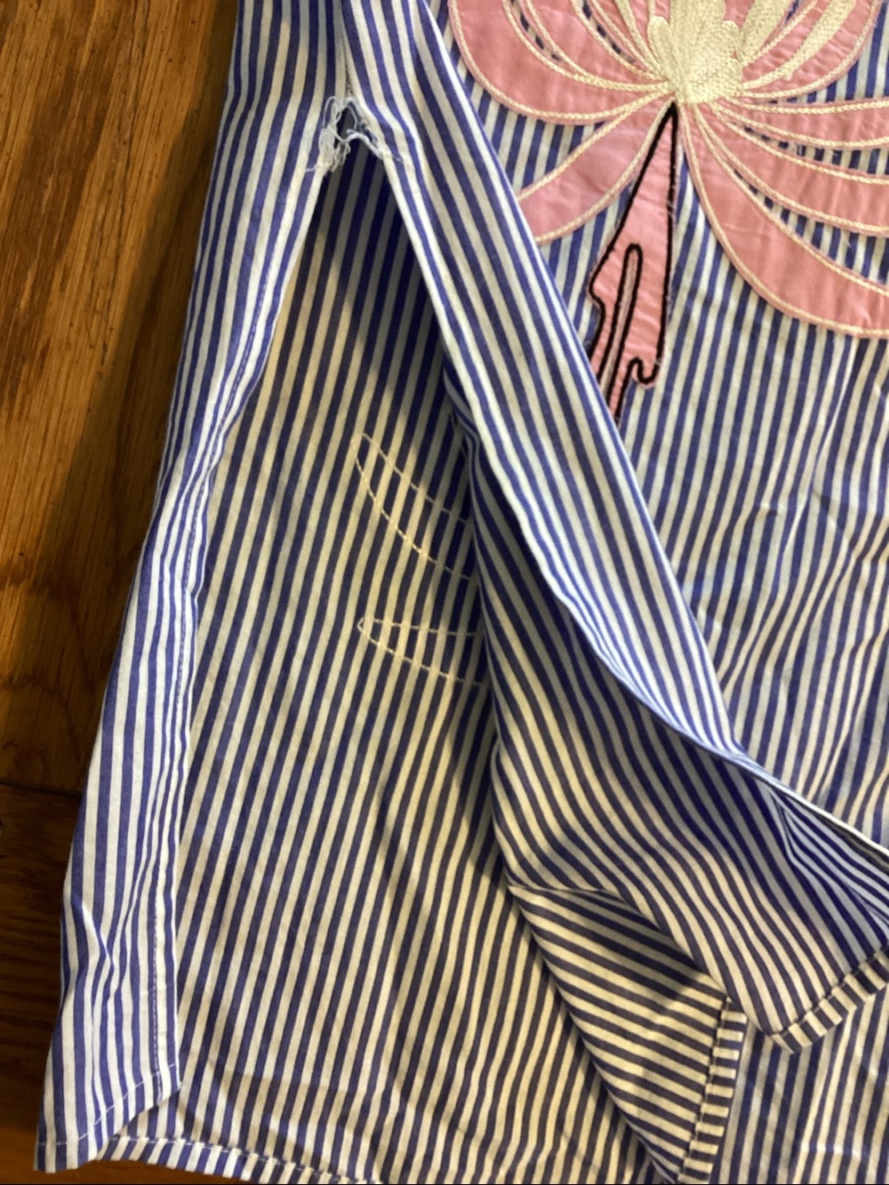Tory Burch blue and white striped shirt dress with pink embroidered flowers. - Picture 8 of 16